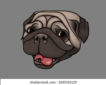 Hand drawn portrait with soft shadows of happy pug with tongue out