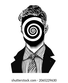 Hand drawn portrait of a strange handsome man with anonymous face with spiral face in modern and surreal tattoo art style. Isolated vector illustration.