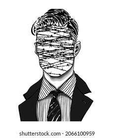 Hand drawn portrait of a strange handsome man with anonymous face with barbed wires. Head in modern and surreal tattoo art. Isolated vector illustration.