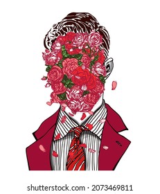 Hand drawn portrait of a strange handsome man with anonymous face full of red, pink and white roses, green leaves and petals. Head in modern surreal tattoo art. Isolated concept vector illustration.