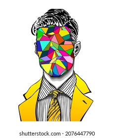 Hand drawn portrait of a strange handsome man with colorful geometric polygonal face. Isolated vector concept head illustration in modern and surreal tattoo art. 