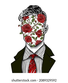 Hand drawn portrait of a strange handsome man with anonymous face with red roses, buds, stems and green leaves. Head in modern surreal tattoo art. Isolated vector illustration.