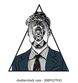 Hand drawn portrait of a strange handsome man with anonymous face with himself repeated like in an endless mirror. Isolated vector concept head illustration in modern and surreal tattoo art. 