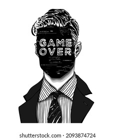 Hand drawn portrait of a strange handsome man with anonymous screen face displaying GAME OVER word. Head in modern and surreal tattoo art. Isolated vector illustration.