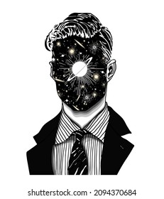 Hand drawn portrait of a strange handsome man with universe and galaxies face. Isolated vector concept head illustration in modern and surreal tattoo art.