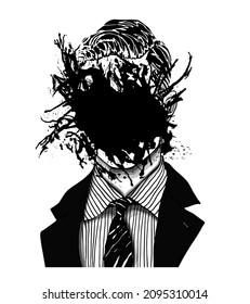 Hand drawn portrait of a strange handsome man with anonymous face canceled by a big ink blot splatter. Head in modern and surreal tattoo art. Isolated vector illustration.