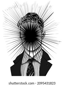Hand drawn portrait of a strange handsome man with black star exploding dark light face. Head in modern and surreal tattoo art. Isolated vector illustration.