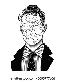 Hand drawn portrait of a strange handsome man with with concealed identity under a cracked anonymous face. Head in modern and surreal tattoo art. Isolated vector illustration.