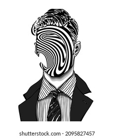 Hand drawn portrait of a strange handsome man with anonymous black and white striped twirls face. Head in modern and surreal tattoo art. Isolated vector illustration.