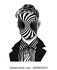 Hand drawn portrait of a strange handsome man with anonymous face with swirling torus inside view. Head in modern and surreal tattoo art. Isolated vector illustration.