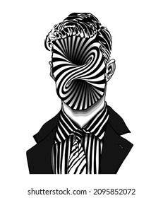 Hand drawn portrait of a strange handsome man with anonymous face with swirling torus inside view. Head in modern and surreal tattoo art. Isolated vector illustration.