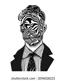 Hand drawn portrait of a strange handsome man with anonymous face of liquefied striped twirls. Head in modern and surreal tattoo art. Isolated vector illustration.