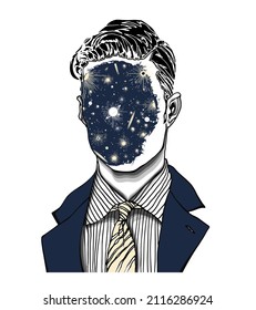 Hand drawn portrait of a strange handsome man with universe and galaxies face. Isolated vector concept head illustration in modern and surreal tattoo art.