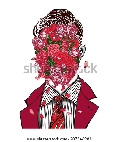 Hand drawn portrait of a strange handsome man with anonymous face full of red, pink and white roses, green leaves and petals. Head in modern surreal tattoo art. Isolated concept vector illustration.