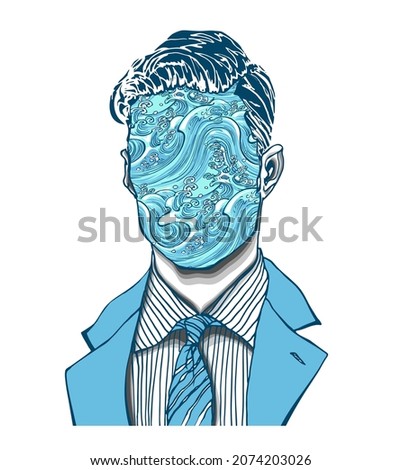 Hand drawn portrait of a strange handsome man with anonymous face with stormy sea waves. Head in modern and surreal tattoo art. Isolated vector illustration.