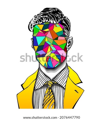 Hand drawn portrait of a strange handsome man with colorful geometric polygonal face. Isolated vector concept head illustration in modern and surreal tattoo art. 