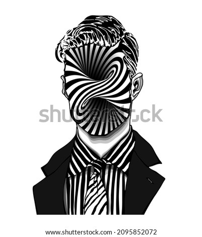 Hand drawn portrait of a strange handsome man with anonymous face with swirling torus inside view. Head in modern and surreal tattoo art. Isolated vector illustration.