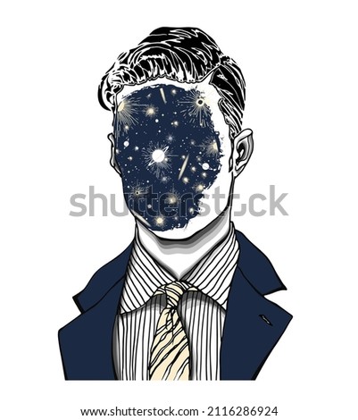 Hand drawn portrait of a strange handsome man with universe and galaxies face. Isolated vector concept head illustration in modern and surreal tattoo art.