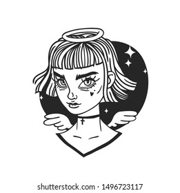Hand Drawn portrait Stylish Angel Woman. Beautiful Fashion Illustration face on white background. Doodle Vector pattern attractive Halloween Teenager Girl