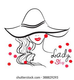 hand drawn portrait of stylish girl in hat. Good for shop logo,magazine cover, journal article, print, packaging design, sign for lady shop.