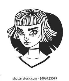 Hand Drawn portrait Stylish Woman. Beautiful Fashion Illustration face on white background. Doodle Vector pattern attractive Teenager Girl