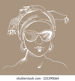 Hand drawn portrait of a summer girl with a shawl on her head on a beige background.