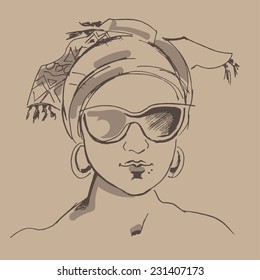 Hand drawn portrait of a summer girl with a shawl on her head on a beige background.
