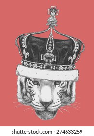 Hand Drawn Portrait Of Tiger With Crown. Vector