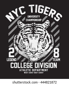 Hand drawn portrait of Tiger.Vintage NYC Brooklyn college typography.