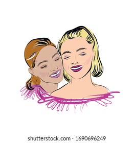 Retrato hecho a mano de dos mujeres felices. Chica sonriente. Línea de belleza. Novia juntos.