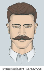 Hand drawn portrait of young man with mustache. Sketch vector illustration