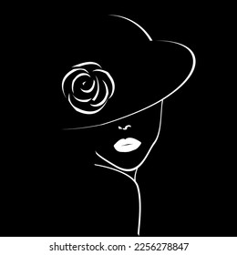 Hand drawn portrait of young stylish girl in hat with rose on white background. Stylized illustration