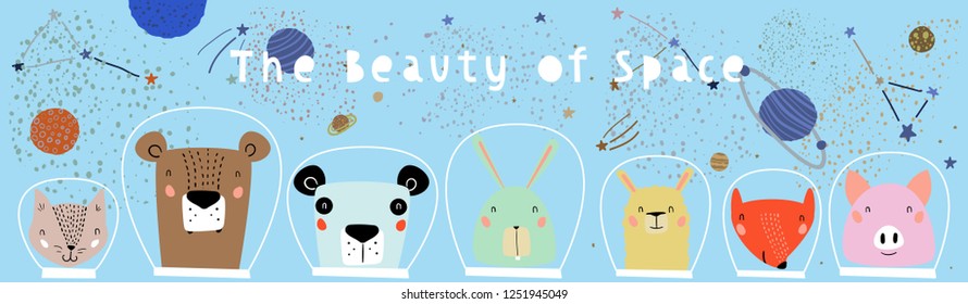 Hand Drawn Portraits of Cute Funny Animals in Space with Typography in Childish Style. Isolated objects on white background. Line drawing. Vector illustration. Design concept for children print.