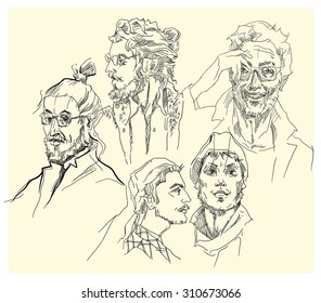 Hand drawn portraits of men. Vector illustration. Editable in several layers.