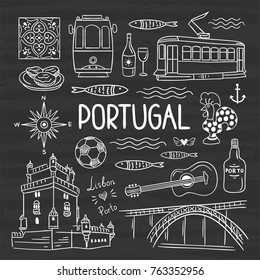 Hand drawn Portugal vector illustration on dark background. Visit Portugal concept