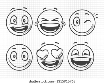 Hand drawn positive emojis, smile vector sketch