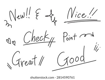 Hand Drawn Positive Feedback Words Set – New, Nice, Check, Great, Good and Point Doodle Lettering Vector