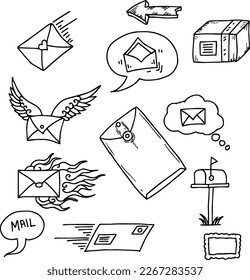 Conjunto de esquema de iconos de ilustración de correo gráfico dibujado con mano