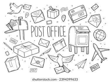 Dibujo manual Dibujo de la oficina de correos bocetos aislados en fondo blanco