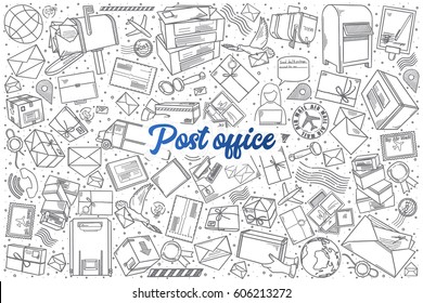 Hand Drawn Post Office Doodle Set Background With Blue Lettering In Vector