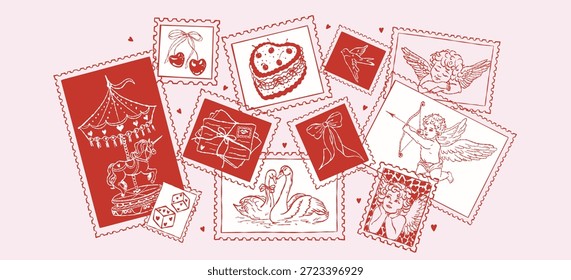Hand drawn post stamps in doodle sketch style for Valentines day. Wedding invitation postal elements for poster, placard or postcard prints. Love vector illustrations for mail, letters and scrapbook.