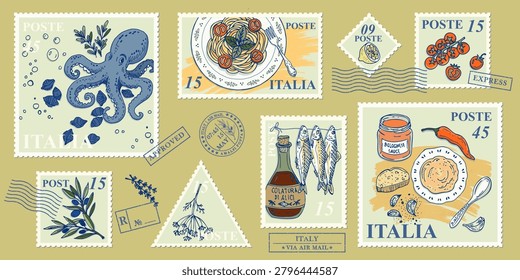 Hand drawn postage stamp collage featuring octopus, spaghetti, tomatoes, herbs and traditional Italian ingredients. Vintage Mediterranean food illustration inspired by Amalfi Coast cuisine.