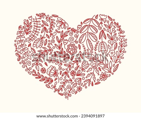 Hand drawn postcard with big red heart. Botanical pattern of flowers in shape of heart. Poster for Valentine's day, birthday, wedding. Print with symbol of love for wallpaper, fabrics, textiles