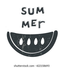 Hand drawn postcard, card, background with watermelon piece. Postcard with lettering quote summer