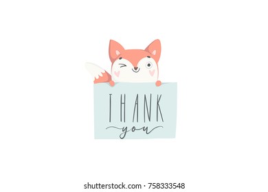 Hand drawn postcard with cute fox. Thank you poster in cozy cartoon style. Vector illustration