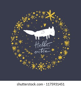 Hand drawn postcard with cute little polar fox. Vector illustration