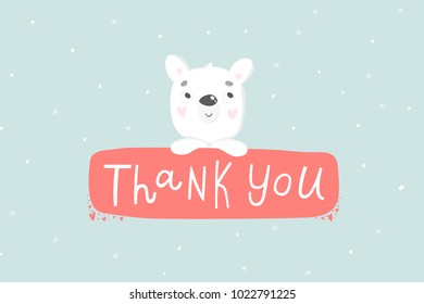 Hand Drawn Postcard With Cute Polar Bear. Thank You Poster In Cozy Cartoon Style. Vector Illustration