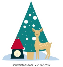 Hand Drawn Postcard with Deer, lantern and christmas tree, vector poster