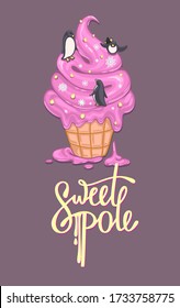 hand drawn postcard ice cream in a waffle cup with penguins. Vector illustration
