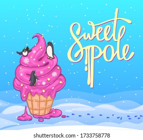 hand drawn postcard ice cream in a waffle cup with penguins. Vector illustration
